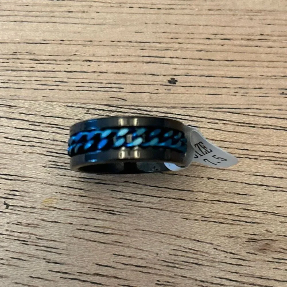 NEW King Will Tungsten Carbide spinner ring black with blue chain size 7.5